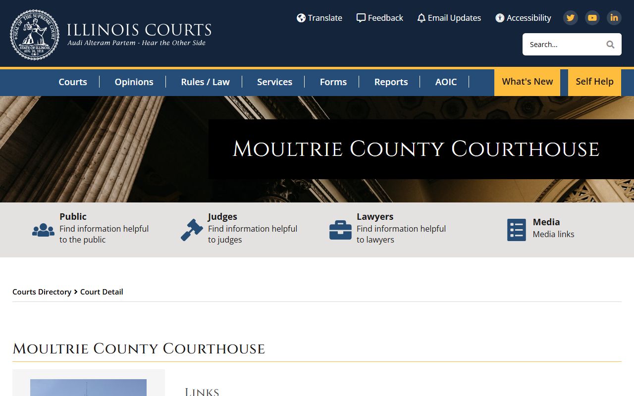 Illinois Courts directory page for the Moultrie County courthouse used to find court records after an arrest