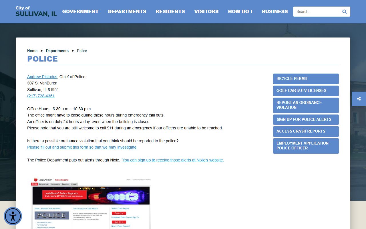 Sullivan Police Department page, a Moultrie County arresting agency whose cases become court records
