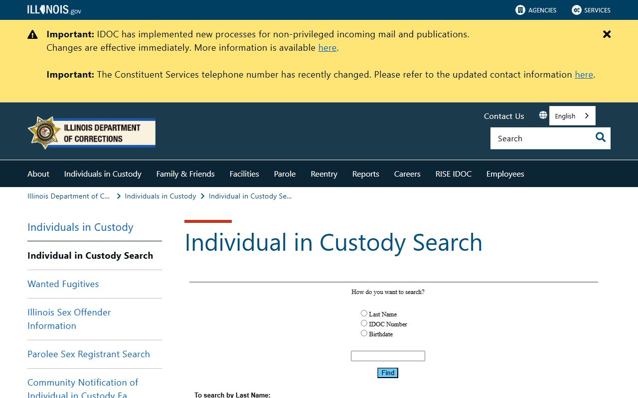 Illinois Department of Corrections inmate search page for sentenced Moultrie County inmates