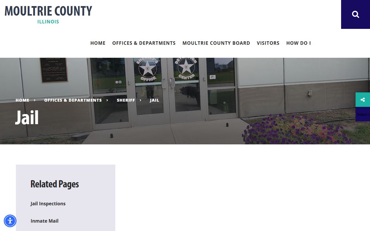 Moultrie County Jail landing page with inmate-service links for the inmate population