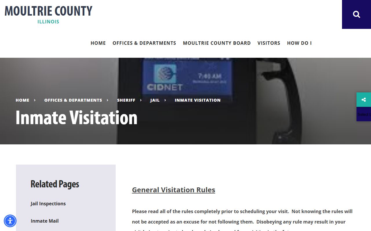 Moultrie County Jail visitation page showing remote CIDNET scheduling rules