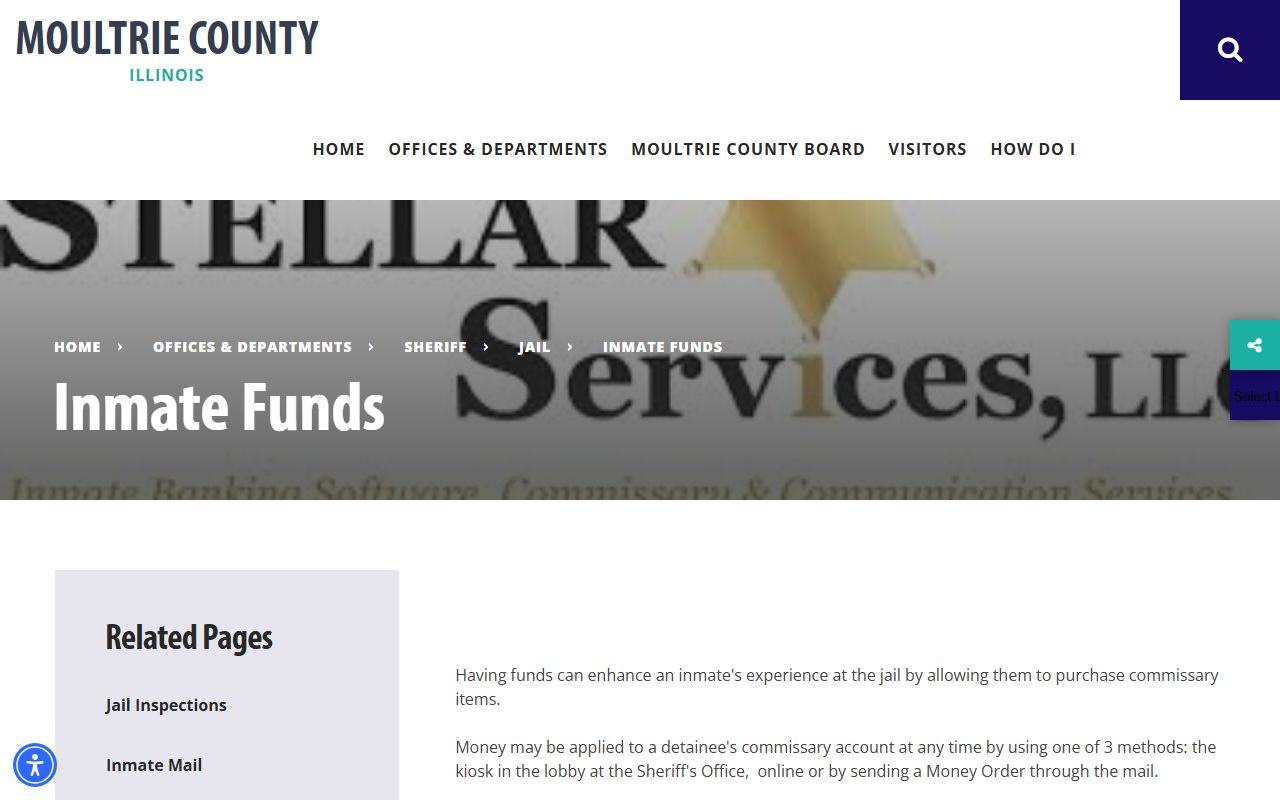 Moultrie County Jail inmate funds page showing kiosk and JailATM deposit options