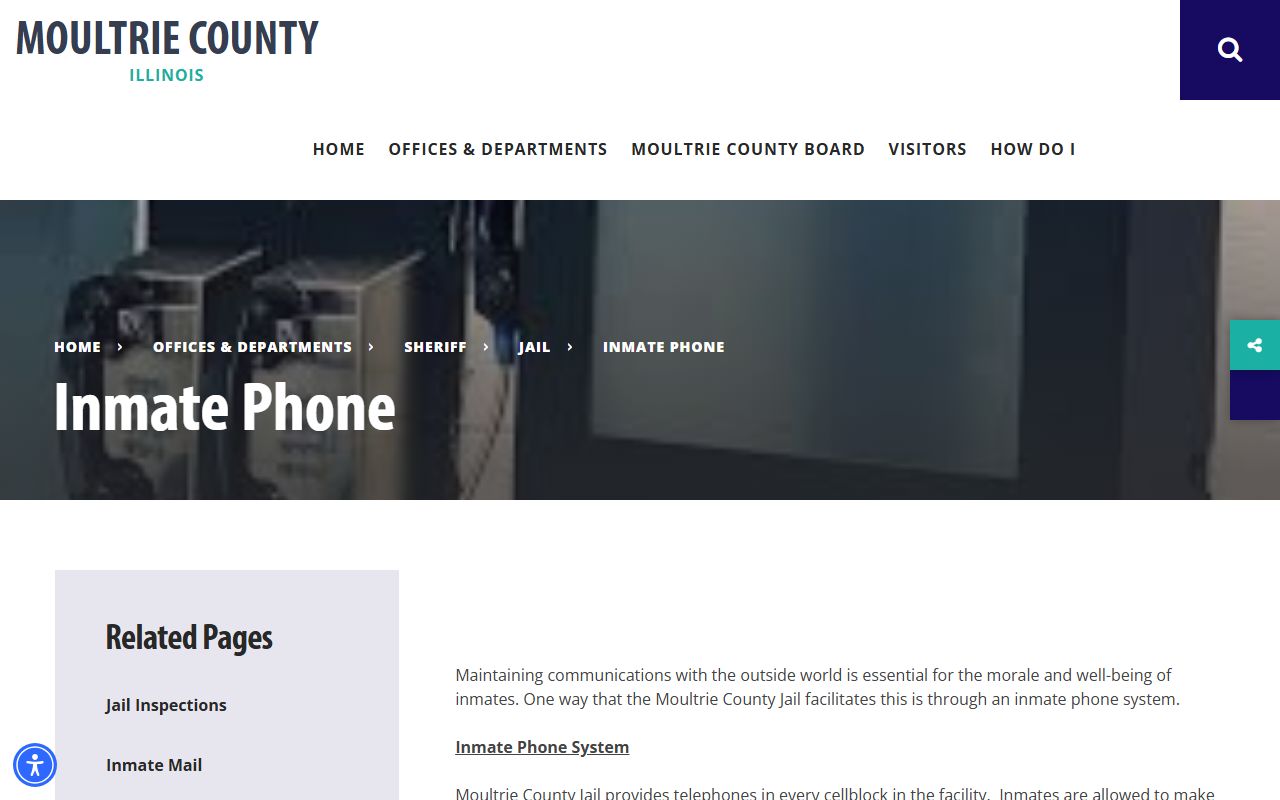 Moultrie County Jail inmate phone page explaining calls for the county inmate population